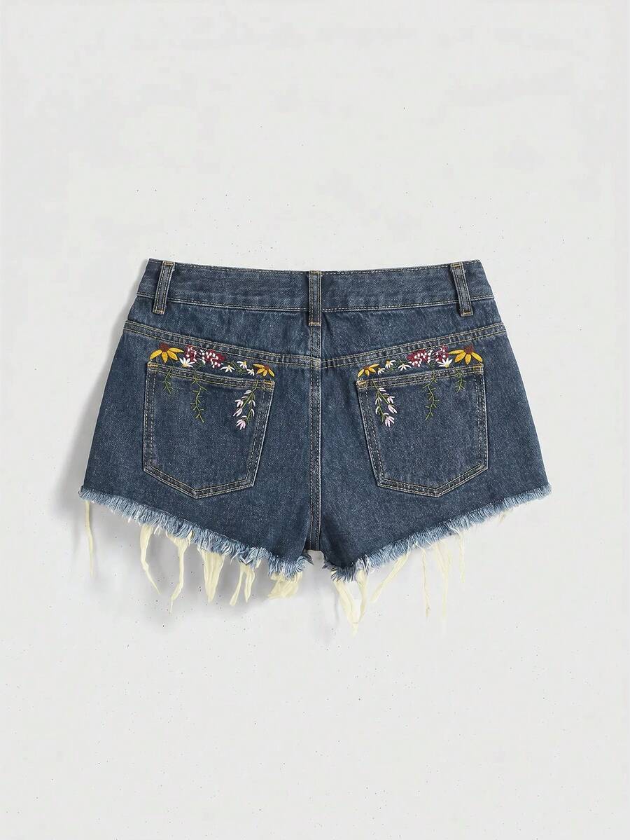 ROMWE Summer Vacation Daisy Floral Embroidered Distressed Denim Shorts - Blue - View 1