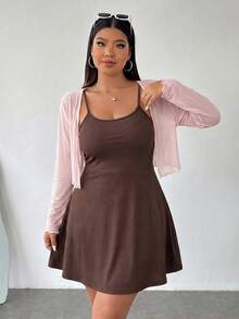 SHEIN EZwear 女款大尺碼針織開襟外套與細肩帶洋裝純色兩件組 - 巧克力棕 - 查看 6