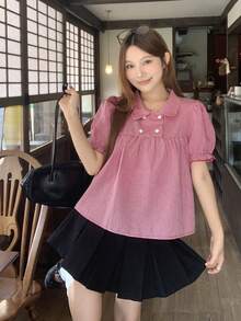 DAZY 女款格紋領清新韓風滿版印花襯衫 夏季校園風 - 紅色 - 查看 7