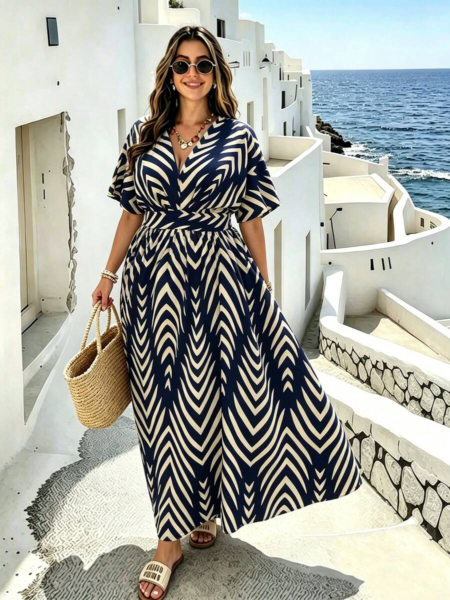 Ceyna Plus Size Vacation Style Geometric Print V-Neck Waist-Cinched Dress Beach Vacation Navy Blue Summer Boho - Navy Blue - View 1