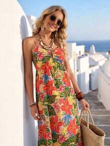 Ceyna Damen Sommerurlaub Cami Kleid in Großen Größen, Tropisches Muster Cami Kleid, Bohemian Stil Buntes Blumenkleid, Hohe Taille Schlankmachendes Rückenfreies Tropisches Blumenkleid - Verschiedenfarbig - Übersicht 3