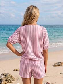 Sylviya Casual Tropical Women's Vacation Summer Pink And White Striped 3/4 Sleeve Commute Beach Holiday Outing Shorts 2 Pieces Outfits Fall Clothes - Multicolor - View 2