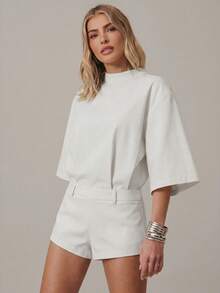 Hauture Women's Exaggerated Shoulder Short Sleeve Open Back Short Romper Old Money Style - White - View 3