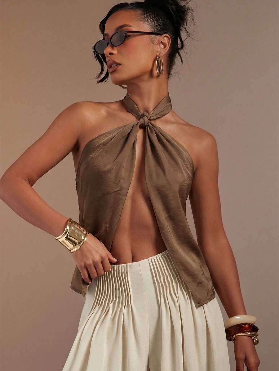 Hauture Women's Sexy Abstract Print Halter Neck Backless Linen Top - Brown - View 1