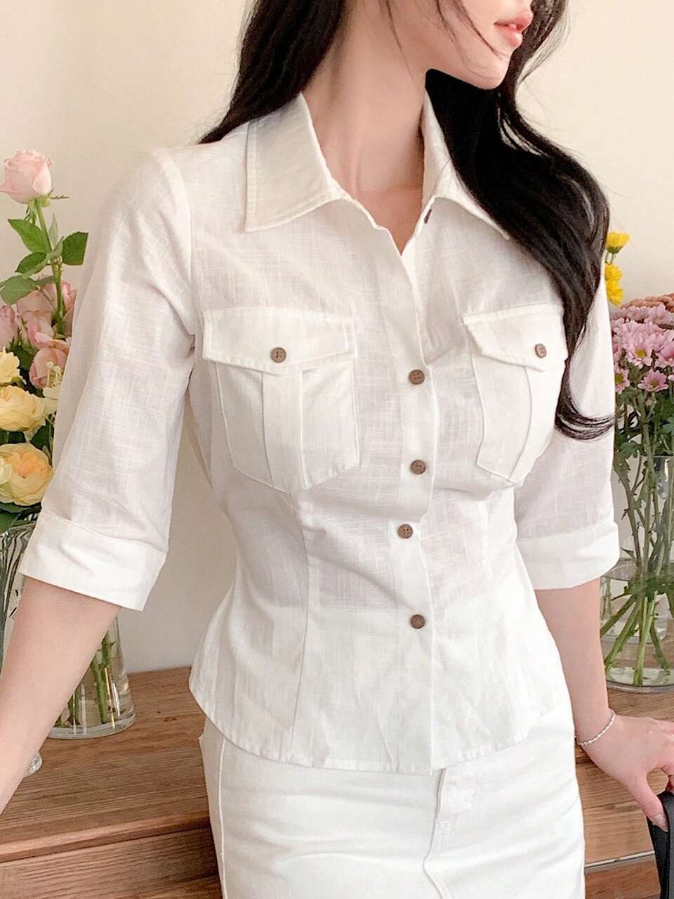 Women's Solid Color Button Design Short Sleeve Shirt Suitable For Spring, Summer, Autumn And Commuting