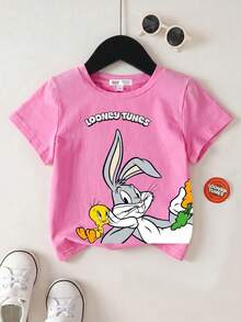 LOONEY TUNES X SHEIN Young Girl Summer Casual Cute Rabbit Print Round Neck Short Sleeve T-Shirt - Pink - View 1