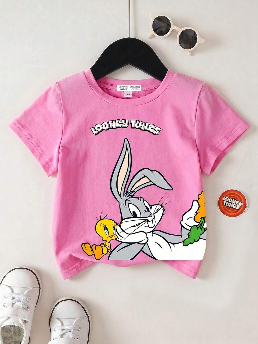 LOONEY TUNES X SHEIN Young Girl Summer Casual Cute Rabbit Print Round Neck Short Sleeve T-Shirt - Pink - View 1
