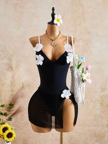 Bellisia Women's 3D Floral Decor Spaghetti Strap One-Piece Swimsuit And Skirt Set, Suitable For Beach Vacation, Pool Party, Beach Party Black Summer Tropical - Black - View 3