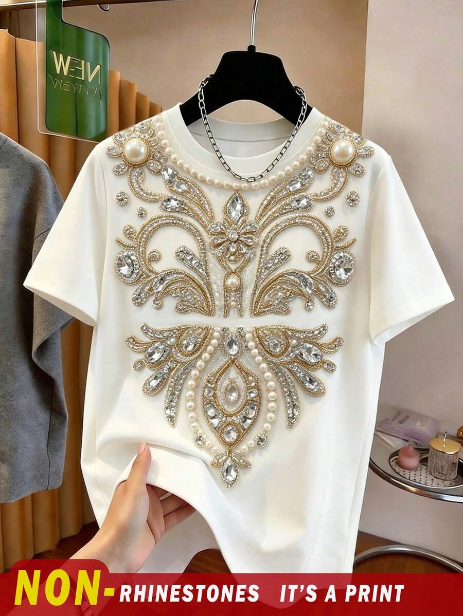 Resyla 女款復古90年代優雅水鑽仿珍珠裝飾圓領短袖T恤,夏季派對約會之夜白色與金色 - 彩色 - 查看 1