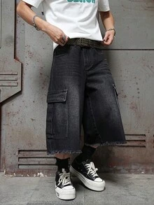 Manfinity EMRG Pantalones cortos vaqueros de pierna ancha casuales con bolsillo sesgado y borde deshilachado de unicolor para hombres - Negro - Ver 4
