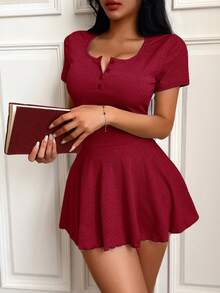 DUSKBASE Casual Comfortable Button Ribbed Ruffle Hem Women's Loungewear Dress - Burgundy - View 5