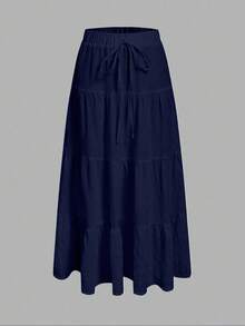 SHEIN EZwear Rok Kue Berlapis-lapis Kasual Wanita untuk Liburan, Cocok untuk Musim Panas - Biru - View 6