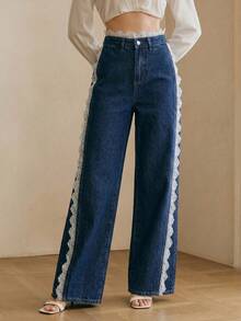 Anewsta Washed Blue Lace Trim Patchwork Straight Leg Jeans - Navy Blue - View 6