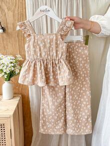 SHEIN Vintaside Kids 少女雛菊圖案荷葉袖上衣與長褲可愛兩件套 - 卡其色 - 查看 4