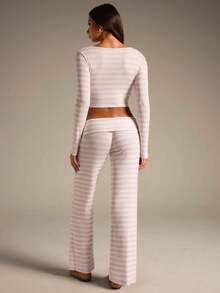 Athîral Women's Striped Long Sleeve Cropped T-Shirt And Flare Pants Casual Set - Multicolor - View 2