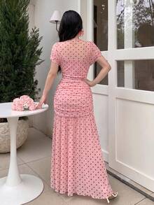 Modelyn 粉色薄紗波點壓褶優雅夏季度假法式風格婚禮女裝洋裝 - 粉色 - 查看 3
