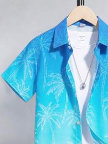 SHEIN 2pcs/Set Tween Boys Blue Summer Casual Shirt,Beach Palm Tree Ombre Print Polo Collar Short Sleeve Shirt&Minimalist Sports Shorts,Vacation Holiday Wear - Blue - View 4