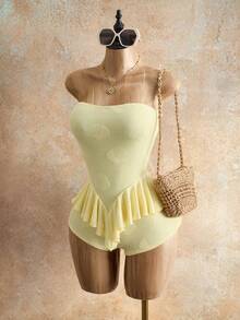 Mistrie Women's Strapless Ruffle Hem Romper Club Party Night Pale Yellow Summer Rave Sexy - Yellow - View 6