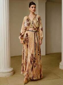 ZEYLAH Top con escote en V, fruncido, patchwork, lentejuelas y estampado - Caqui - Ver 3