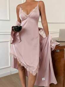 DAZY Summer Charming Satin Lace Patchwork Ruffle Sleeve Robe & Waist-Cinching Camisole Short Nightgown Set For Women - Pink - View 5