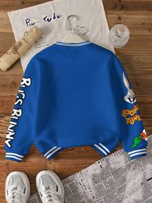 LOONEY TUNES X SHEIN 青少年男童休闲时尚街头可爱卡通兔子字母印花落肩宽松撞色条纹饰边抓绒卫衣，秋冬Y2K风格卫衣，儿童卫衣，男童Y2K服装 - 白色 - 查看 2