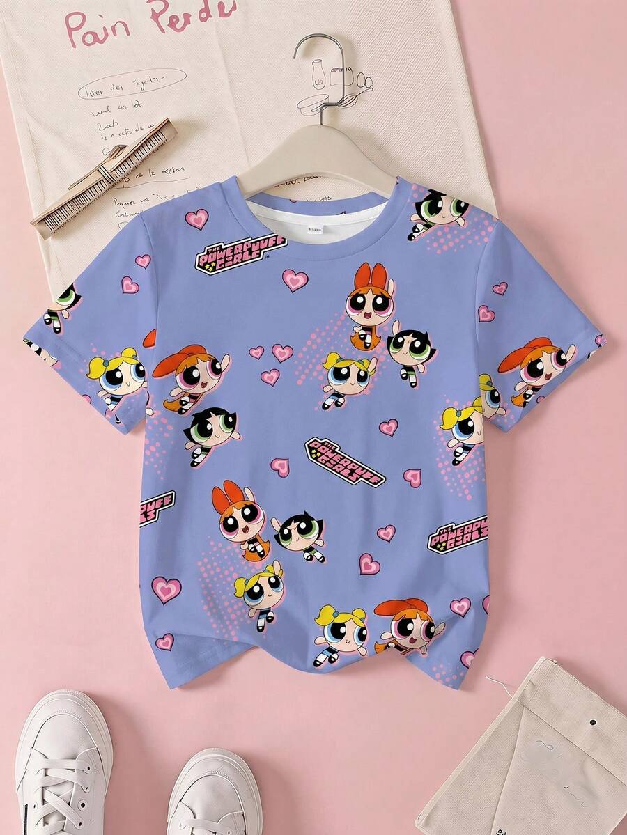 THE POWERPUFF GIRLS X SHEIN 女婴休闲卡通印花上衣,夏季 - 白色 - 查看 1