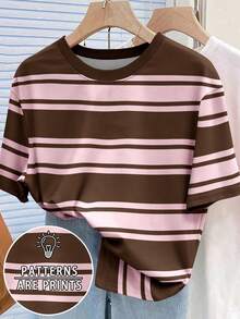 Resyla Casual Everyday Wear, Brown & Pink Striped Loose Women Round Neck Short Sleeve T-Shirt - Multicolor - View 1