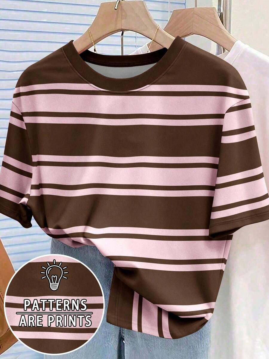 Resyla Casual Everyday Wear, Brown & Pink Striped Loose Women Round Neck Short Sleeve T-Shirt - Multicolor - View 1