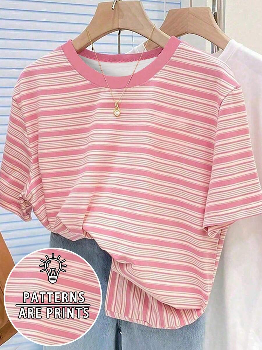 Resyla 复古彩色条纹女式短袖T恤,夏季休闲圆领上衣 - 彩色 - 查看 1
