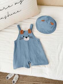 SHEIN Unisex Newborn Baby Boy/Girl 100% Cotton 2pcs Spring/Summer Cute Little Lion Design Crinkle Fabric 3D Shorts Suspenders And Hat Set, Baby Rompers, Baby Summer Outfit, Baby Summer Clothes - Dusty Blue - View 5