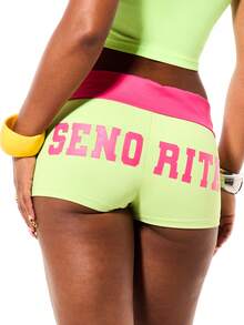 SUMWON WOMEN Color Block Mini Hot Pants With Contrast Waistband And Varsity Text Print Front And Back - Multicolor - View 1