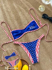 Swim Mod 新款女款海灘泳衣套裝 夏季新品 海灘與海邊通用 可正反穿 2 件套 貼身版型 藍紅配色 雙面穿 2 件套 美國國旗印花 星星印花 紅白條紋印花 字母印花 可調節比基尼上衣 可調節比基尼褲頭 適合夏季海灘 泳池 度假穿著 - 彩色 - 查看 3