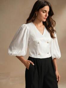 Savoree V-Neck Fashionable White Puff Sleeve Blouse For Women Office Autumn Elegant - White - View 3
