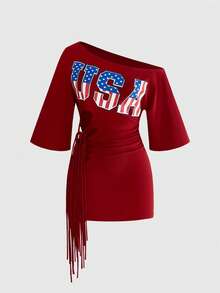 ACID BLVD Summer Vacation Y2K Hot Girl World Cup Sporty Style American Flag Print One Shoulder Burnout Tie Strap Mini Dress - Red - View 7