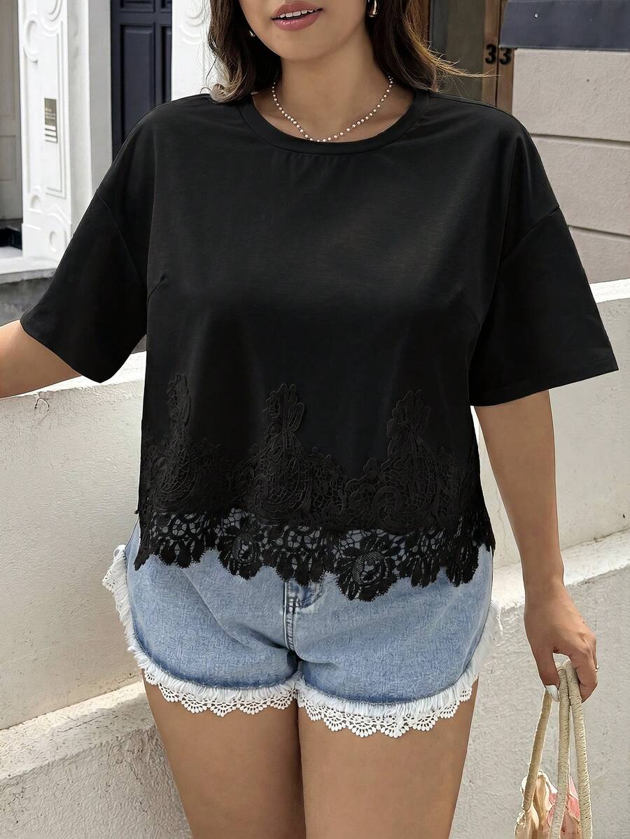 GalTyme Black Summer Snow Wash Plus Size Short Sleeve T-Shirt Formal Elegant Casual Traditional Holiday Going Out Evening High Tea Business Brunch Party