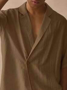 Musero Short Sleeve Asym Button Detail Top Smart Style Leightweight Linen Textured Shirt Spring Summer Holiday Essentials - Khaki - View 2