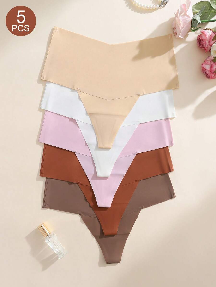SHEIN 5pcs/Pack Women's Seamless Solid Color Mid-Waist Thong Panties - Multicolor - View 1