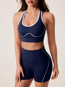 SHEIN Sports 一套藏蓝色无缝女士运动套装，露背无袖设计，柔软舒适贴身，适合健身、跑步、休闲、瑜伽等场合。 - 藏蓝色 - 查看 6