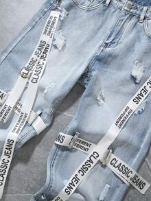 Manfinity EMRG Men's Waist Button Zipper Pocket Distressed Classic Jeans With Text Ribbon Decoration - Light Wash - View 3
