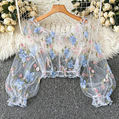 プラスサイズ オフショルダー フローラル メッシュ 刺繍 シアー ルーズ エレガントファッション パフスリーブ 長袖 シフォンカバーアップ 夏用