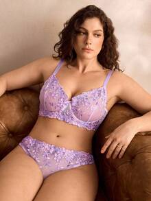 Charlaine 2pcs/Set Women Plus Size Pink Lingerie Set, Lift - Purple - View 3
