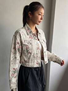 DAZY 女款花卉印花單排扣休閒百搭日常外出長袖牛仔夾克 Y2K - 米色 - 查看 4