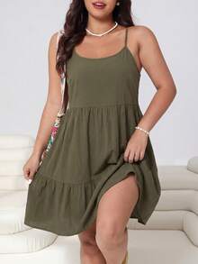 Solflare Army Green Plus Size Women's Spring/Summer Ruffle Hem Camisole Dress - Army Green - View 4