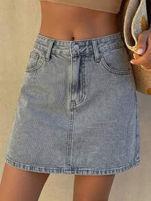 DAZY Women's Casual Solid Color Washed Pocket White Straight Denim Skirt, Spring/Summer - Light Wash - View 5