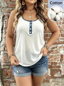 SHEIN LUNE CURVE Plus Size Women's Button Half-Placket Casual Soft Form Modest Vest Beach Formal Vacation Allover White Summer - White - View 3