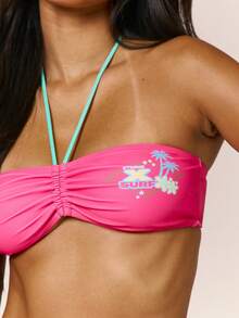 Musera Resort Graphic Print Ruched Bust Strappy Halterneck Bikini Top Summer Vacation Beach Swim Party Cute Tides Coral Pink Tropical - Multicolor - View 6