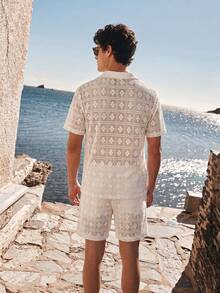 Manfinity VDAYZ Men Hollow-Out Knit Shirt And Shorts Set, Fashion For Summer Summer Two Pieces Set For Men Men Vacation Men Shirt Co Ords Men Summer Clothes Set, Cozy Outfits - White - View 2