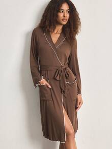 Ocili Comfortable Ribbed Cotton Contrast Color Frill Trim Small Lapel Soft Short Robe, Women Sleepwear Bathrobe - Brown - View 2