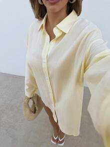 Glamine 女款純棉休閒日常度假淺黃色寬鬆長袖襯衫 - 黃色 - 查看 6