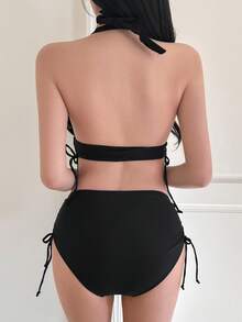 DAZY Ladies' Solid Color Halter Neck Bikini Set Summer Beach,Tankini Bathing Suit Vacation - Black - View 2